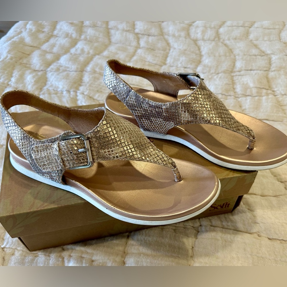 Metallic leather, snake print thong sandal